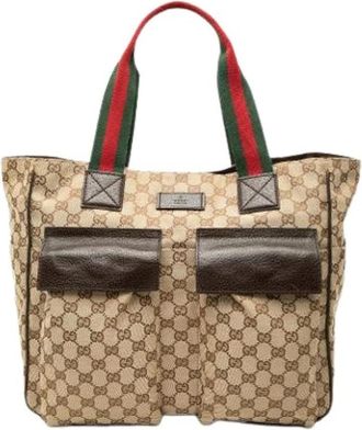 Gucci Pre-owned Vintage Canvas Tote Bag - Dames - Vintage Shopper - Beige - ONE Size - Leer - Vintage