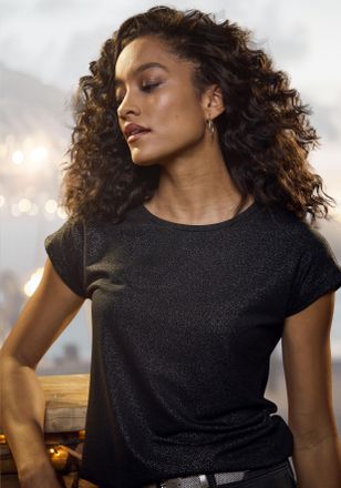 Vivance Rundhalsshirt VIVANCE mit dezentem Glitzerdruck, Damen, Gr. 32/34, schwarz, Single Jersey, Obermaterial: 62% Polyester, 33% Viskose, 5% Elasthan, bedr