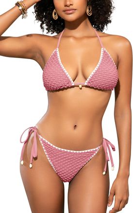SHEKINI Women Triangle Bikini Sets 2 Pieces Halter Neck Swimming Costume Low Waisted Sexy Tanga Swimsuits,Dusty Pink-M