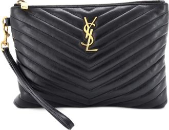 Saint Laurent Classic Matelasse Chevron leren kleine clutch met monogram - Zwart