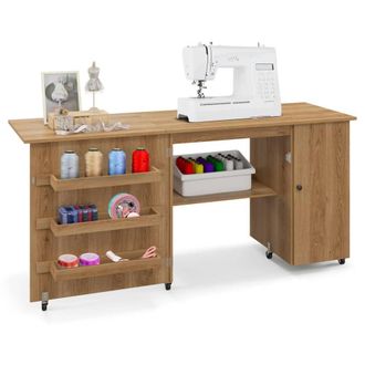 Costway Costway Large Foldable Sewing Table Rolling Drop Leaf Craft Table with Lockable Casters in Natural