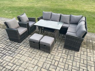 Fimous High Back Outdoor Garden Furniture Set Rattan Corner Sofa Dining Table Set With Armchairs Footstool in Dark Grey