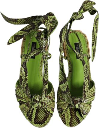 Dolce & Gabbana Womens Green Animal Print Ankle Wrap Sandals Shoes Molurus Python