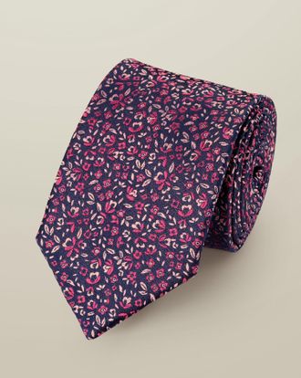 CHARLES TYRWHITT Silk Floral Tie - Navy & Bright Pink Size OSFA by Charles Tyrwhitt