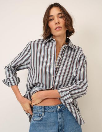 Nobody's Child Blue And Brown Relaxed Striped Shirt