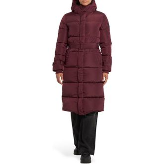 Noize Mara Belted Maxi Puffer Coat with Removable Hood in Cherry at Nordstrom Rack, Size Medium