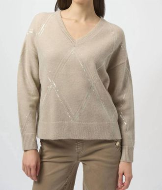 Joseph Ribkoff Sequined V-Neck Pullover Sweater Top In Oyster