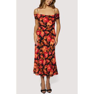 Lost + Wander Evenign Bloom Cold Shoulder Midi Dress in Black Red Floral at Nordstrom Rack, Size X-Small