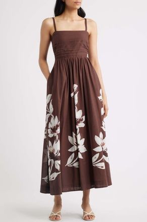 Tahari by ASL Pleated Bodice Floral Print Maxi Dress in Espresso Ivory at Nordstrom, Size 12
