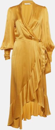 Zimmermann Gold Satin Ruffle Wrap On Midi Dress