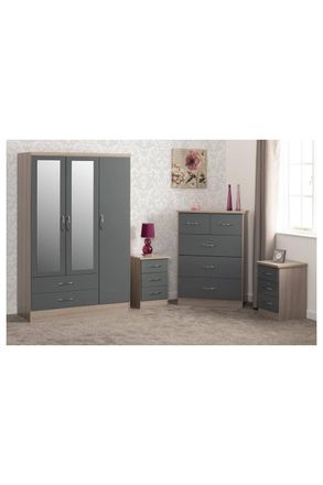 Seconique Nevada 3 Door 2 Drawer Mirrored Wardrobe Bedroom Set in Grey
