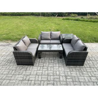Fimous Rattan Garden Furniture Set 6 Seater Indoor Outdoor Patio Sofa Set with Coffee Table Loveseat Sofa Side Table Dark Grey Mixed - Fimous