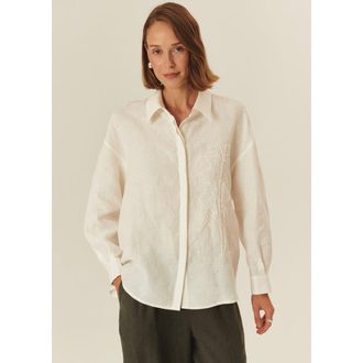 Exquise Emelia Embroidered Linen Shirt in Ecru at Nordstrom, Size X-Large