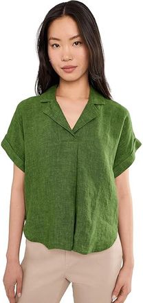 Eileen Fisher Washed Organic Linen Delave Notch Collar Top Womens Clothing Field : XL