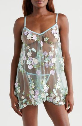 Kilo Brava Embellished Embroidered Sheer Chemise in Powder Blue Multi at Nordstrom, Size Xx-Large