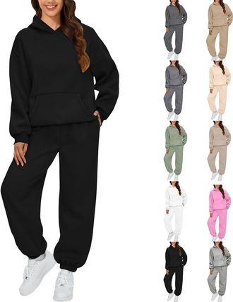 Generic Ladies Plain Tracksuit Long Sleeve Hoodie And Cuffed Jogging Bottoms Two Piece Outfit Fall Winter Lounge Wear Full Set Black Xxl