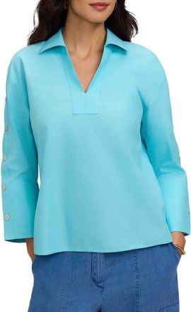 Foxcroft Lainey Button Accent Cotton Popover Top in Capri Blue at Nordstrom, Size X-Large