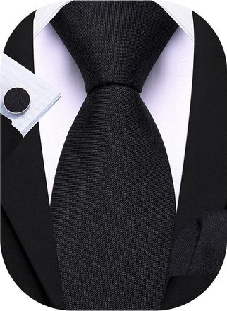 Barry.Wang Black Funeral Ties for Men Solid Color Necktie Pocket Square Cufflinks Set Formal Business