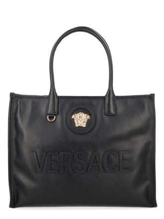 Versace Neutrals Raised Logo Textured Calf Leather Tote Bag