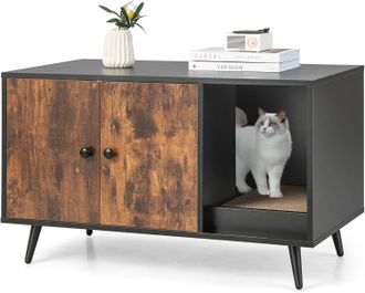 Costway Costway - Cajas De Arena Para Gatos, Casa De Ba&ntilde;o Oculto Para Mascota Con 2 Puertas, Estante Abierto Y Rascador Para Gatos, Mesa Auxiliar Para Gatos 9