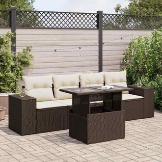 vidaXL Set Comedor De Jard&iacute;n 5 Piezas Y Cojines Rat&aacute;n Sint&eacute;tico Marr&oacute;n Vidaxl