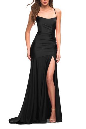 La Femme Long Jersey Ruched Gown with Dramatic Skirt in Black at Nordstrom, Size 10