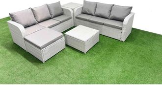 Fimous Outdoor Garden Furniture Sets 7 Seater Wicker Rattan Furniture Sofa Sets with Square Coffee Table high Back Lounge Sofa Big Footstool 2 Side Table
