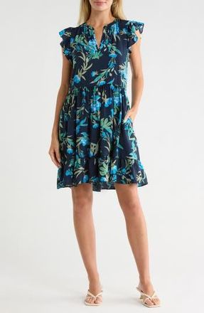 Caslon Print Ruffle Shoulder Minidress in Navy Blue Willoughby Floral at Nordstrom Rack, Size X-Large