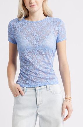 BP. Short Sleeve Stretch Lace Top in Blue Haze at Nordstrom, Size Xx-Small