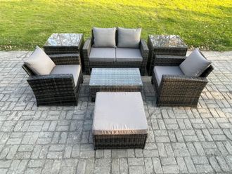 Fimous 5 Seater Outdoor Lounge Sofa Set Wicker PE Rattan Garden Furniture Set with Rectangular Coffee Table Double Seat Sofa in Dark Grey