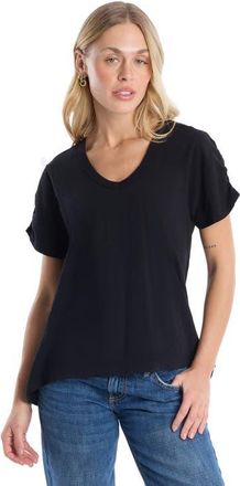 Wilt Deep V-Neck Ruched Sleeve Tee in Black at Nordstrom, Size X-Small