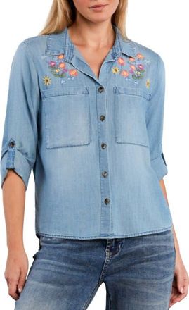 BILLY T Summer Petal Embroidered Denim Shirt in Pure Denim at Nordstrom, Size X-Small