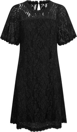 Cream Zwarte Kanten Jurk met Korte Mouwen - Dames - Korte kleedjes - Zwart - XL - Katoen - Kleedjes