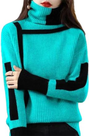 Generic Women Long Sleeve High Collar Knitted Pullover Sweater Loose Fit Winter Casual Party Jumper Blue