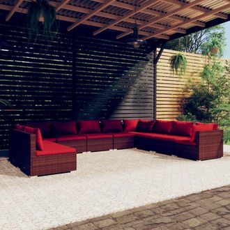 vidaXL Set Muebles De Jard&iacute;n 10 Pzas Y Cojines Rat&aacute;n Sint&eacute;tico Marr&oacute;n Vidaxl