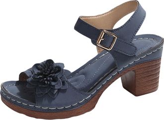 Generic 2026 Women Summer Solid Flowers Buckle Strap Casual Open Toe Square Heels Comfortable Beach Shoes Sandals (Navy, 4.5)