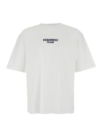 Dsquared2 White Crewneck T-Shirt With Logo Lettering On The Front In Cotton Man