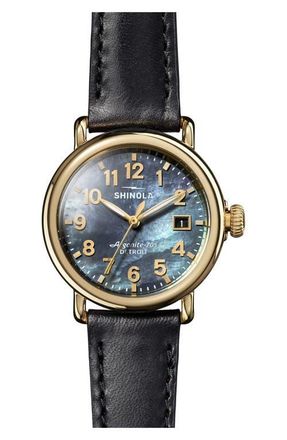 Shinola Runwell Leather Strap Watch, 36mm in Black Mother Of Pearl at Nordstrom