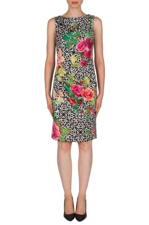 Joseph Ribkoff Rose And Lattice Print Dress In Black Multi Color