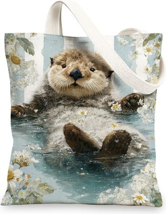Generic Fanciful Canvas Tote Bags, Cute Otter Pattern Reusable Grocery Bags, Lightweight Washable Shoulder Strap Canvas Bags for Gy, Blue, 13x15 Inch
