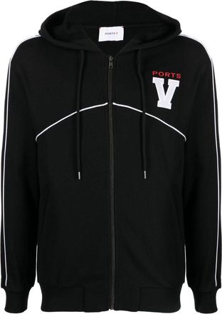 Ports V logo-embroidered drawstring cotton hoodie - men - Cotton - M - Black