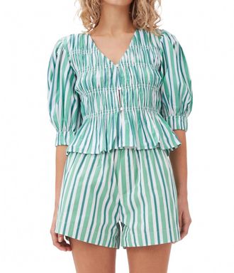 Ganni Stripe Cotton V-Neck Blouse In Creme De Menthe