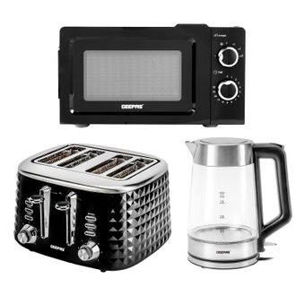 Geepas 1.7L Illuminating Glass Kettle, 4 Slice Bread Toaster & 20L Microwave Kitchen Set in Black