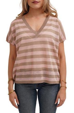 Cyrus Striped V Neck Cap Sleeve Sweater in Taupe/Lace Pink at Nordstrom Rack, Size X-Large