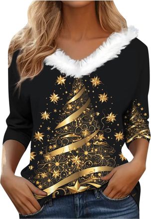 Generic Christmas Jumpers for Women Faux Fur Collar V Neck Sweater Plus Size Long Sleeve Christmas Print Sweatshirts Casual Oversized Outwear Pullover Ladies 