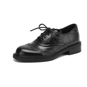 Generic Womens PU Leather Brogue Oxford Shoes Lace-Up Low Block Heel Round Toe Non-Slip Sole Classic Comfortable Durable Stylish Shoes,Black,6.5 UK