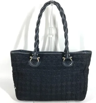 Ferragamo Black Nylon Canvas Leather Shoulder Bag Tote Bag (Pre-Owned)
