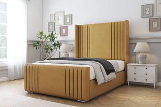 Comfort Beds Elise Plush Bed Frame - 50 Upholstered Wingback Headboard in Mustard | Size: Single