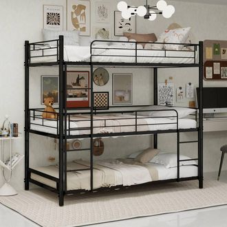 Matteo Black Three-Layer Reinforced Iron Bunk Bed - 3 Person Space Saver | Size: Single