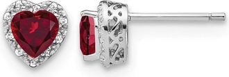 Diamond2Deal 14k White Gold 1/10 Ct Lab Grown Diamond and Created Ruby Heart Halo Stud Earrings